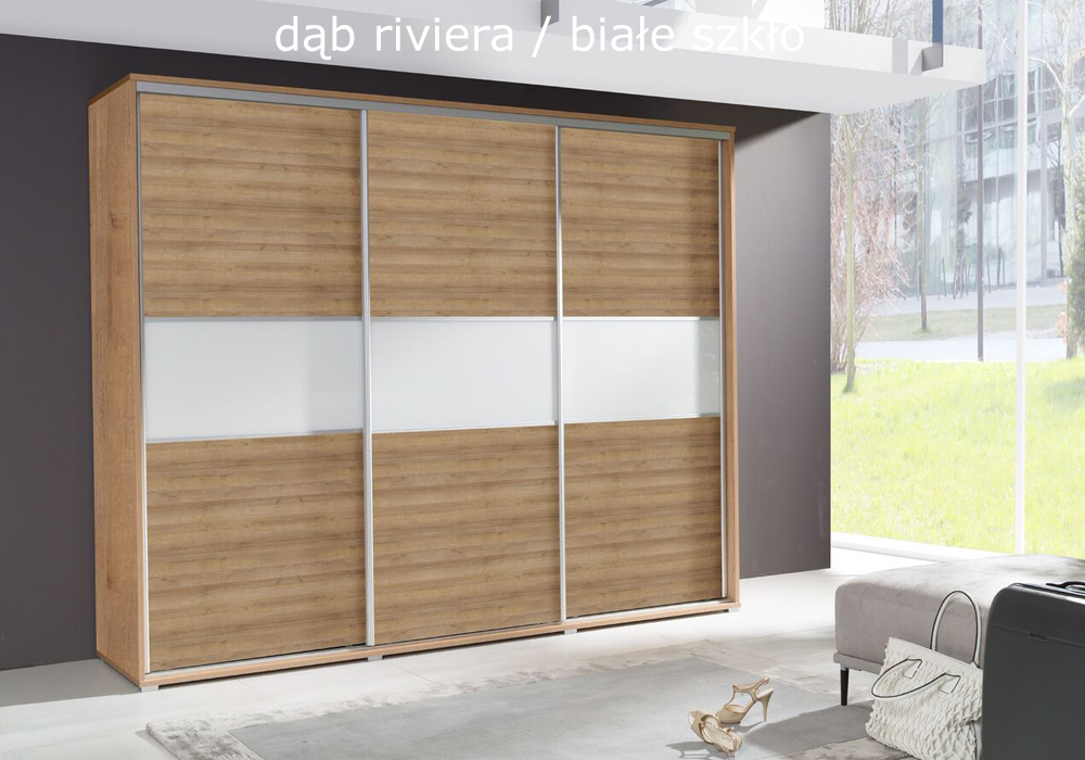 Szafa z drzwiami przesuwnymi do sypialni FLORENCJA dąb riviera / białe szkło - od LUXOR MEBLE